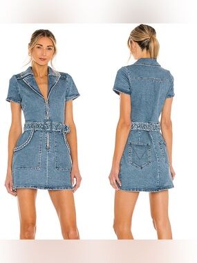 Show Me Your Mumu Outlaw Tide Blue Denim Dress Short Sleeve Notched Collar sz M